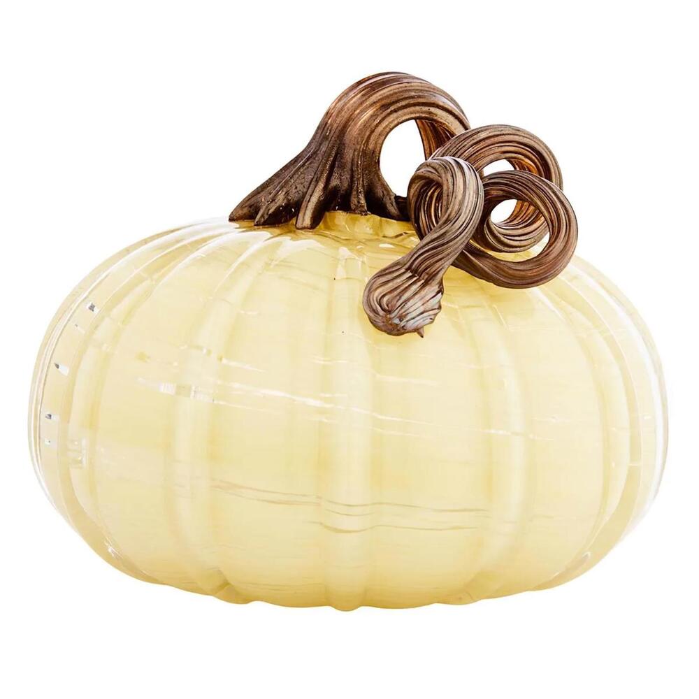 Artisan Hand Blown Cream Glass Pumpkin with Twisted Bronze Stem Fall Decor - Picture 3 of 5